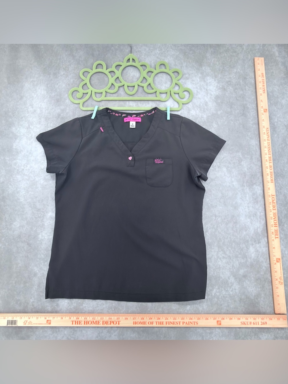 Betsey Johnson Black Short Sleeve V-Neck Scrub Top with Pink Accents M